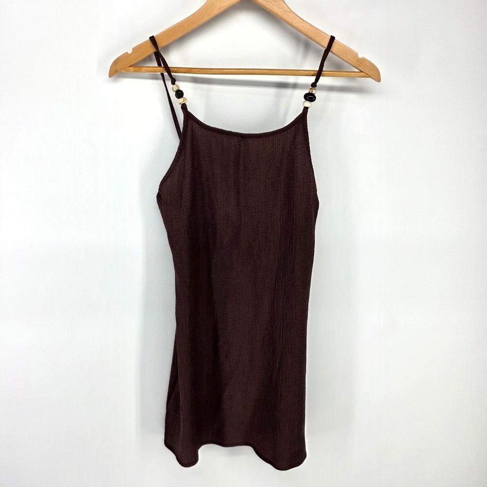 H&M Cami Top Womens XS Brown Beaded Strap Textured Crepe Tank 1323933-001